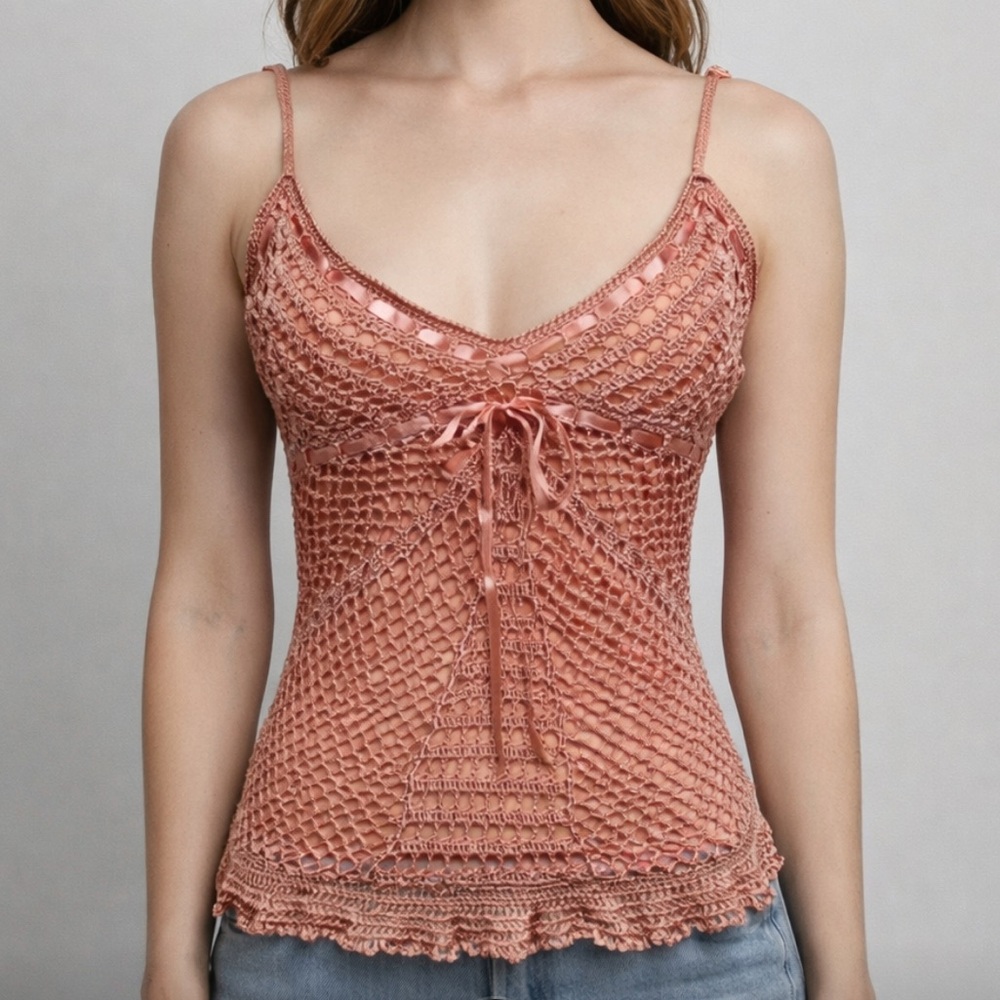 Y2K Babydoll Tank Top Fairy Festival Crochet Coquette Rave Pink Boho Beach Sz M